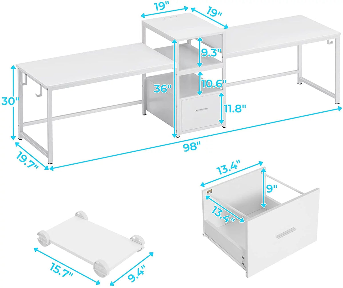 White Computer Desk with File Drawer and USB Port K5571