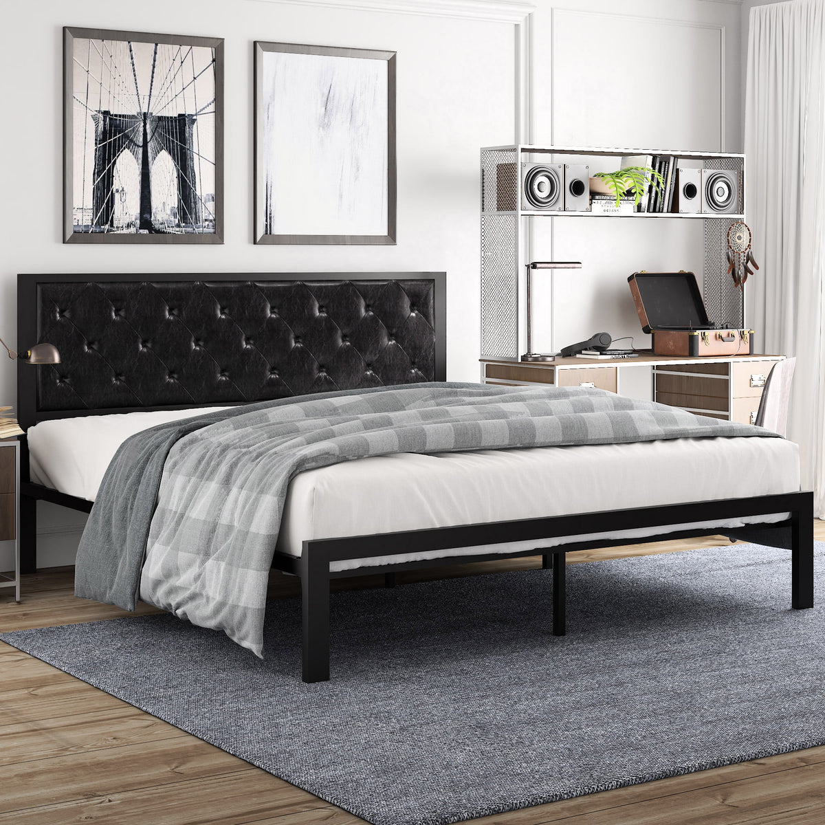 Twin Size Dark Gray Metal Bed Frame with Upholstered Headboard O645