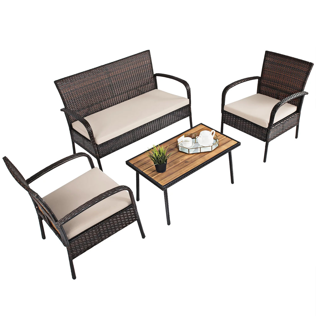 4 Pc Patio Rattan Furniture Set with Cushions L46613