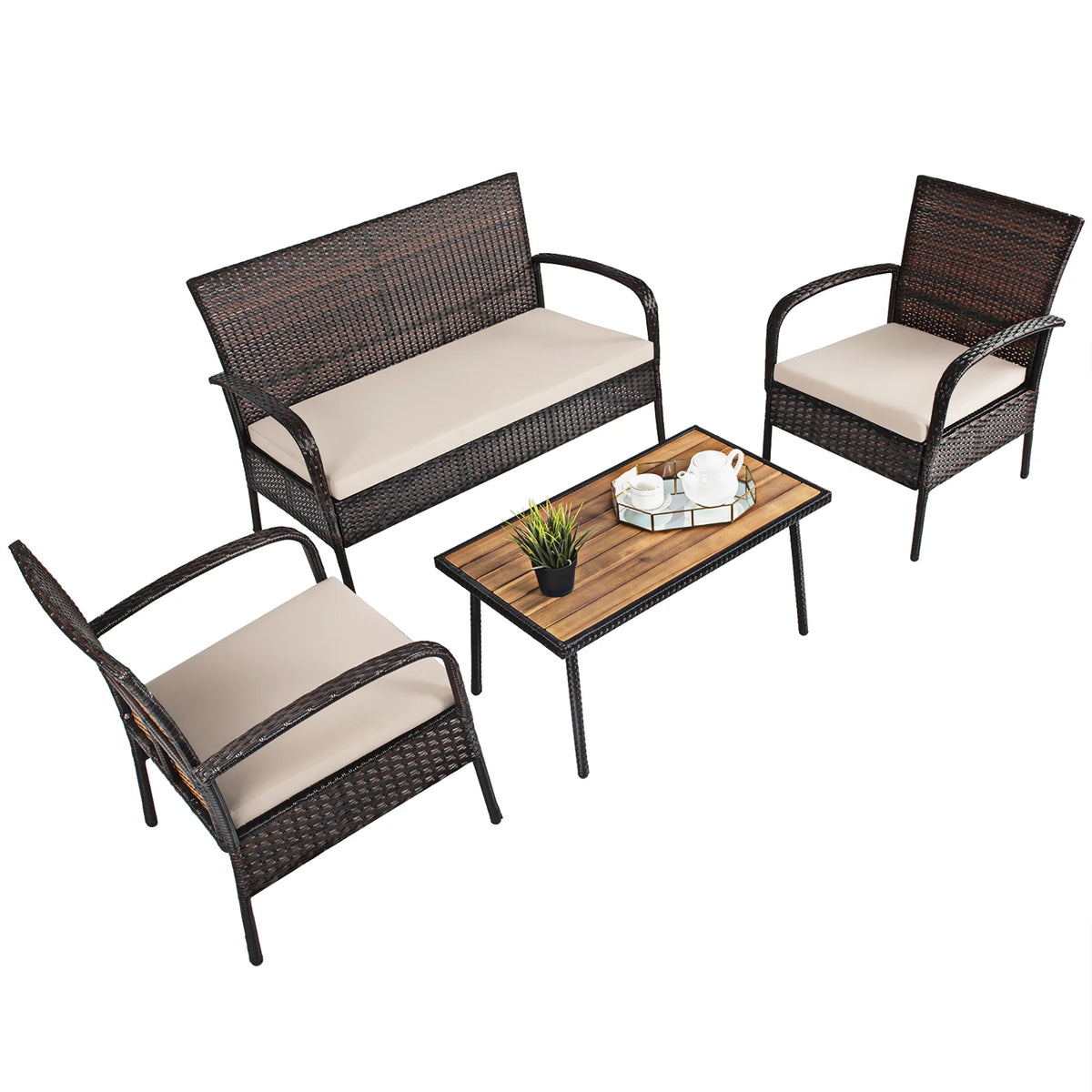 4 Pc Patio Rattan Furniture Set with Cushions L46613