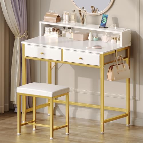 White Vanity Desk with Drawers and Charging Station O418644