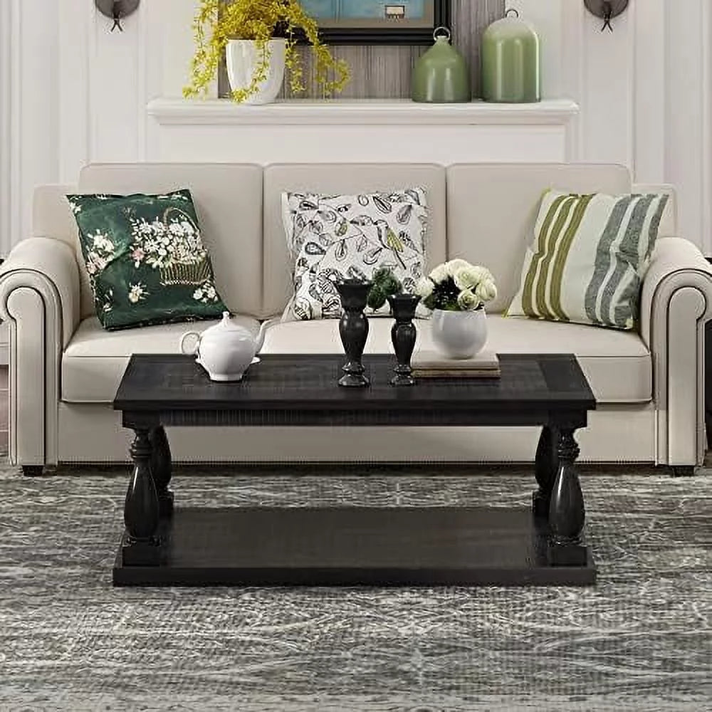 Black Solid Pine Wood Storage Coffee Table M554483
