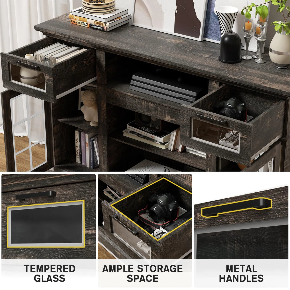 Dark Oak Tall TV Stand with Glass Door H369