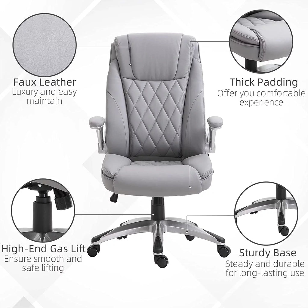 Grey Faux Leather Ergonomic Home Office Chair with Flip Up Arms A191040