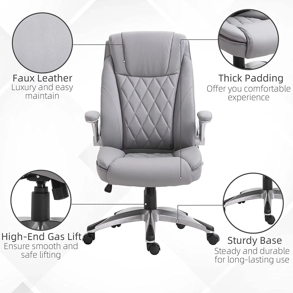 Grey Faux Leather Ergonomic Home Office Chair with Flip Up Arms A191040