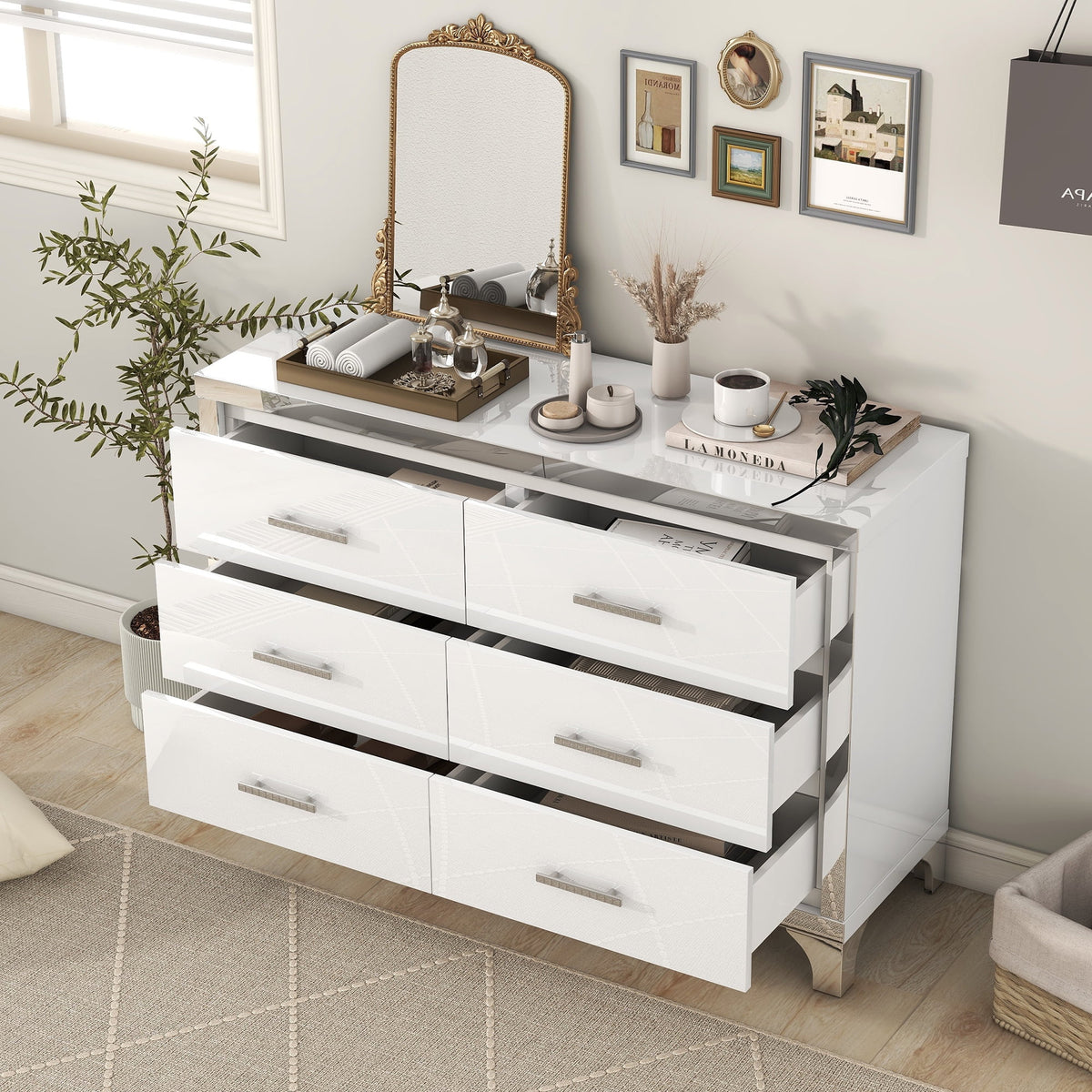 White High Gloss 6 Drawer Dresser with Metal Handle Q12213