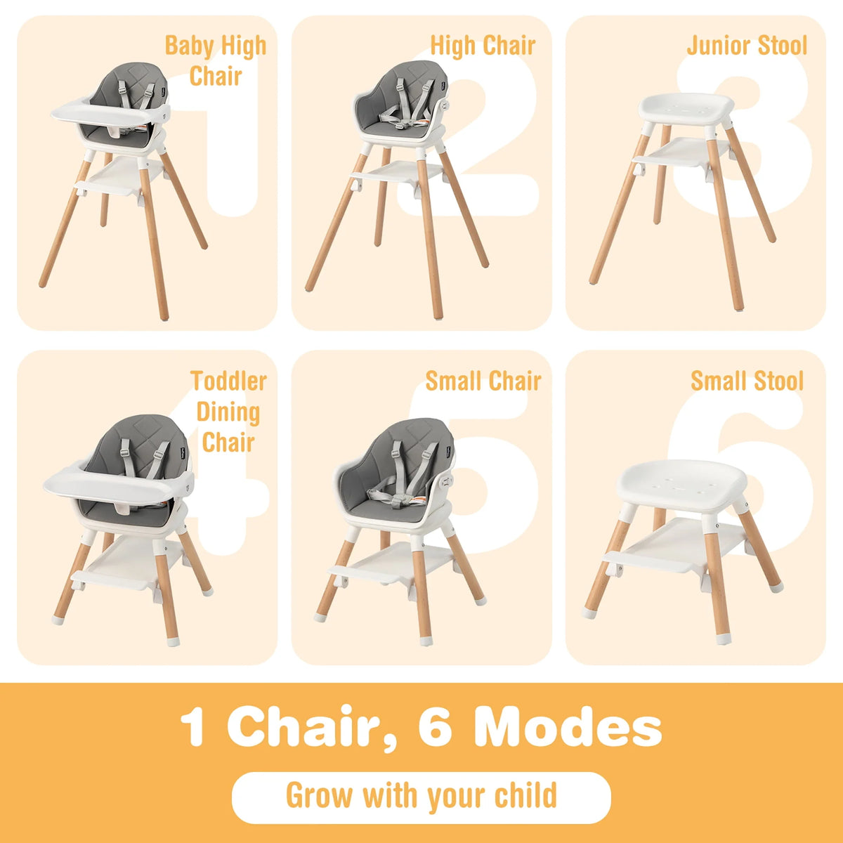 Convertible Wooden Baby Highchair with Removable Tray X22794