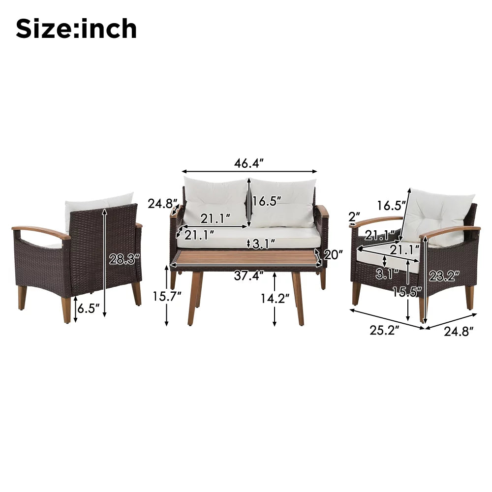 4-Piece PE Rattan Patio Conversation Set with Cushions and Dining Table E7236