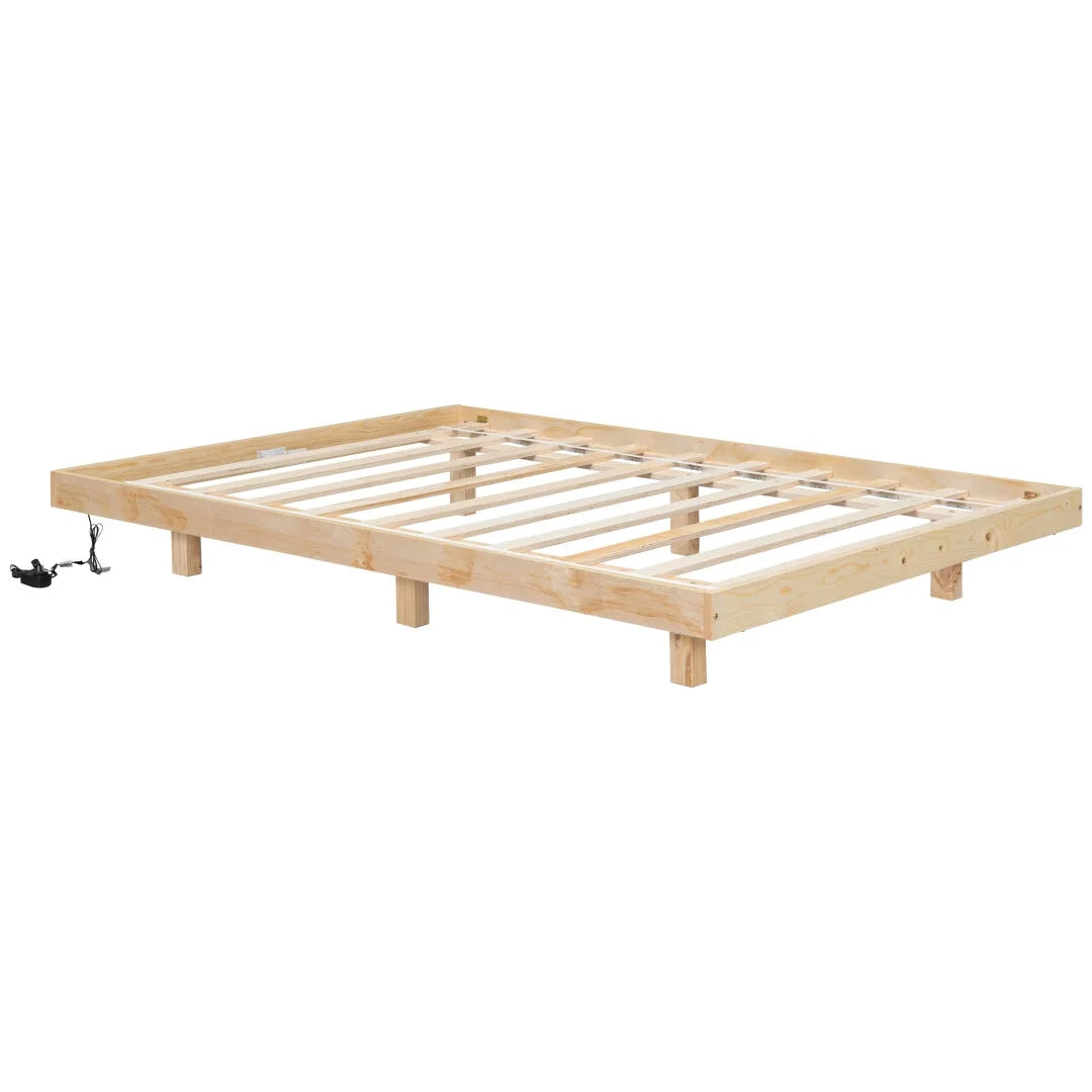 Full Size Grey Pinewood Floating Platform Bed with LED Lights B513552