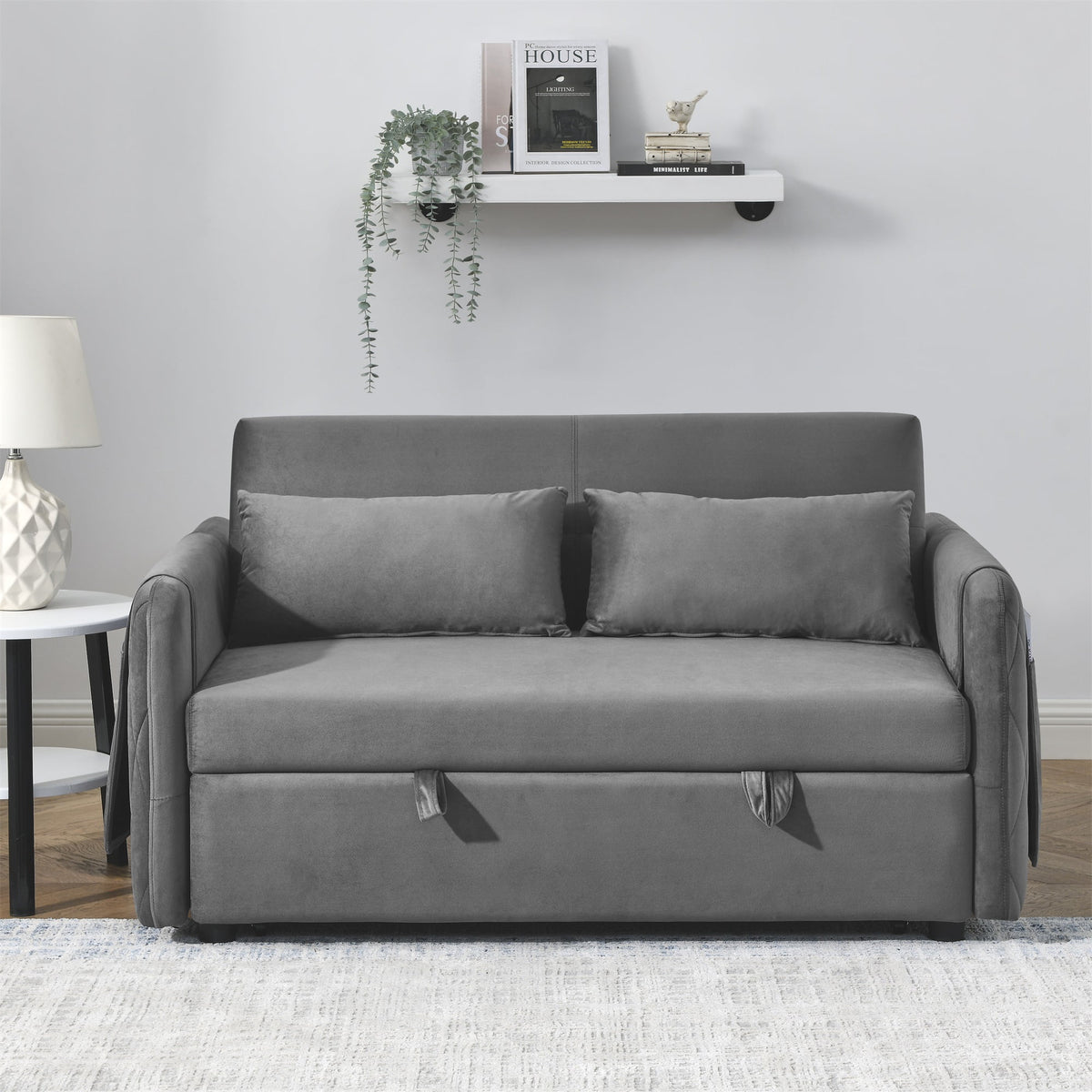 55" Velvet Pull Out Sofa Bed with 2 Pillows Y3819