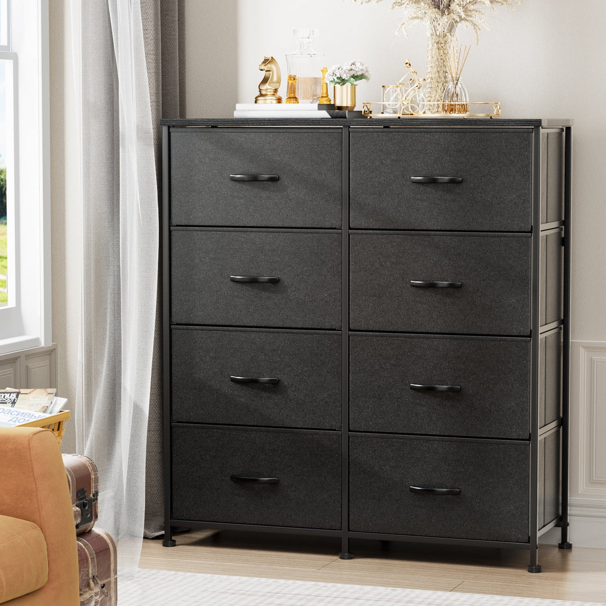 Black 5 Drawer Fabric Dresser with Wood Top Q100513