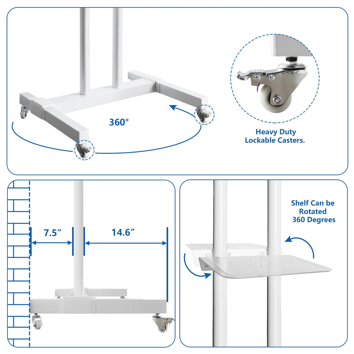Tall TV Stand with Wheels for 32 to 85 Inch Flat Panel TVs, White Shelf X753982
