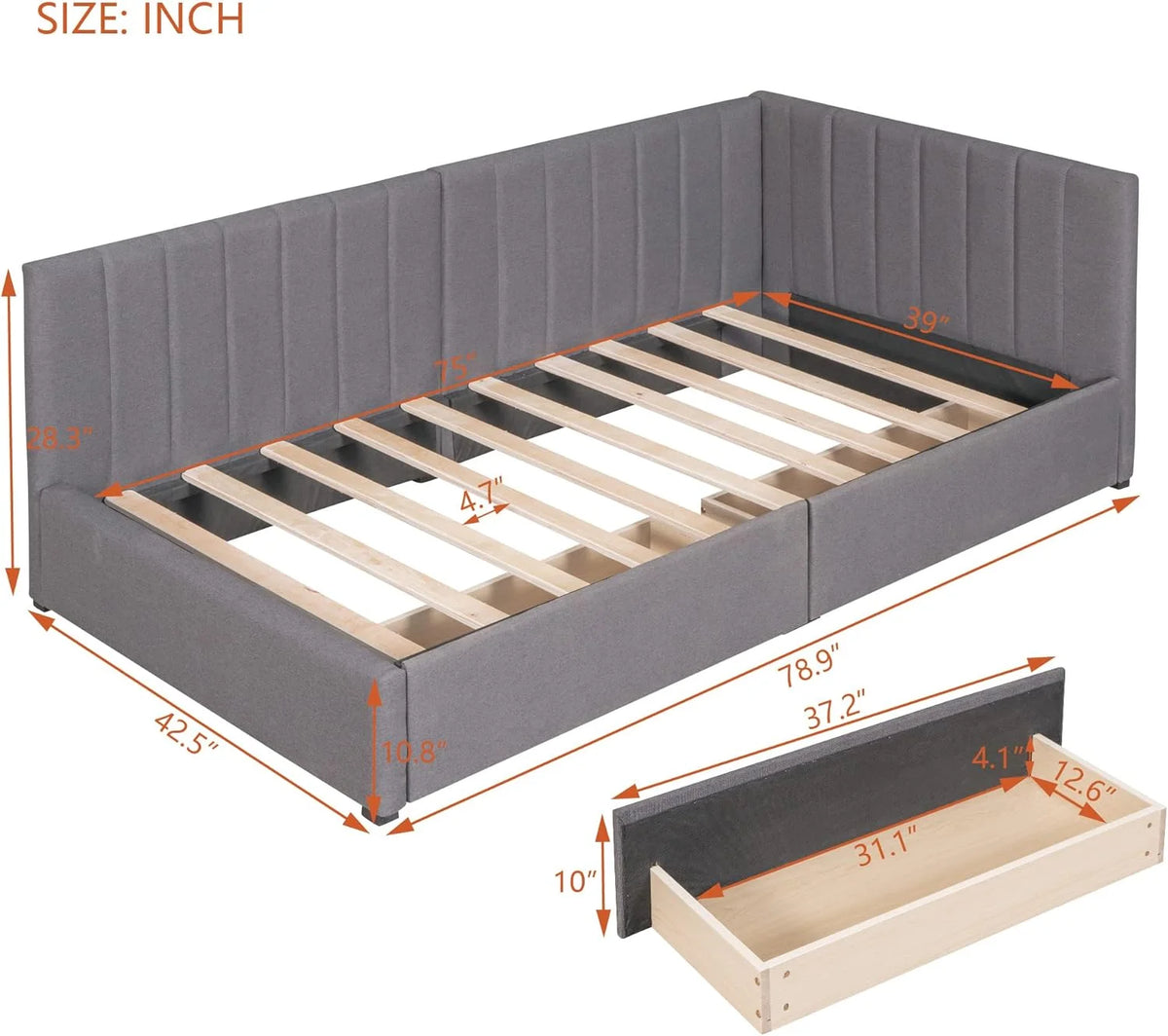 Gray Linen Upholstered Daybed with 2 Storage Drawers C8051