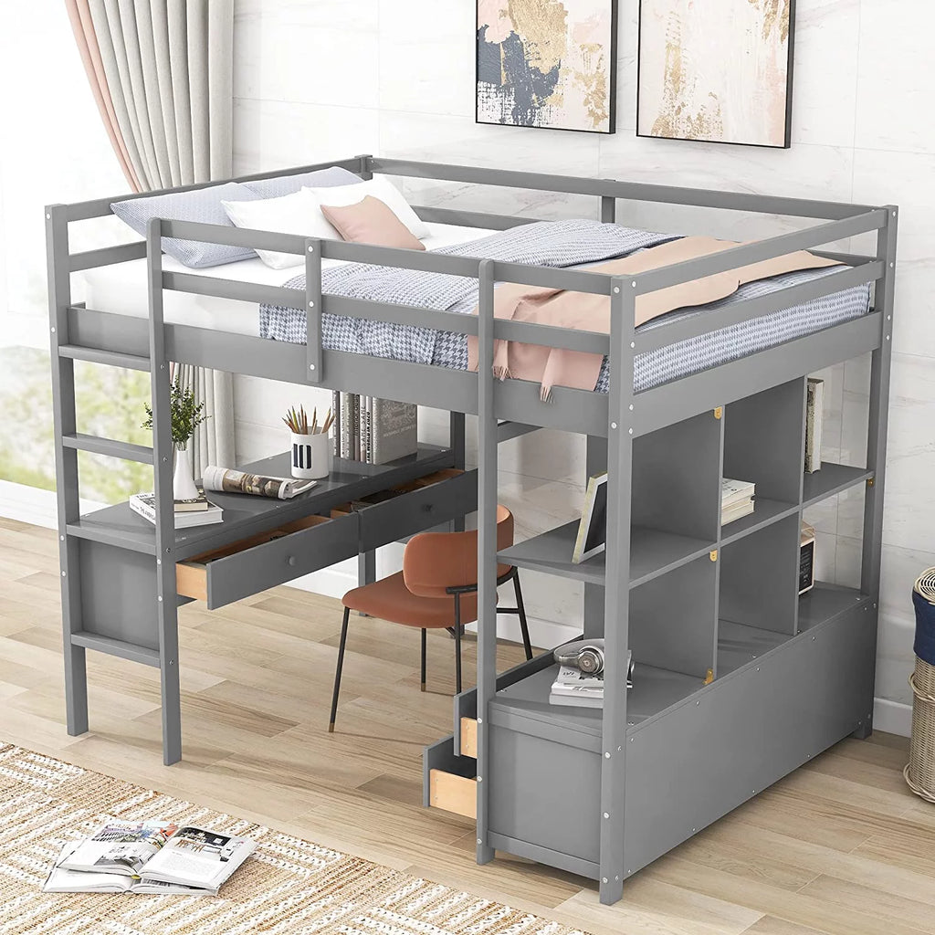 Grey Full Size Wood Loft Bed with Desk Drawers Shelves and Ladder S9835