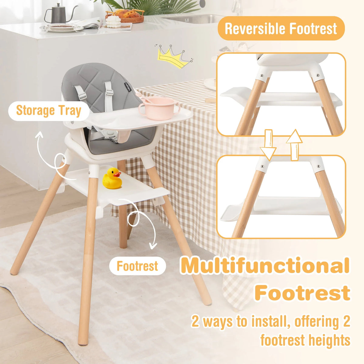 Convertible Wooden Baby Highchair with Removable Tray X22794