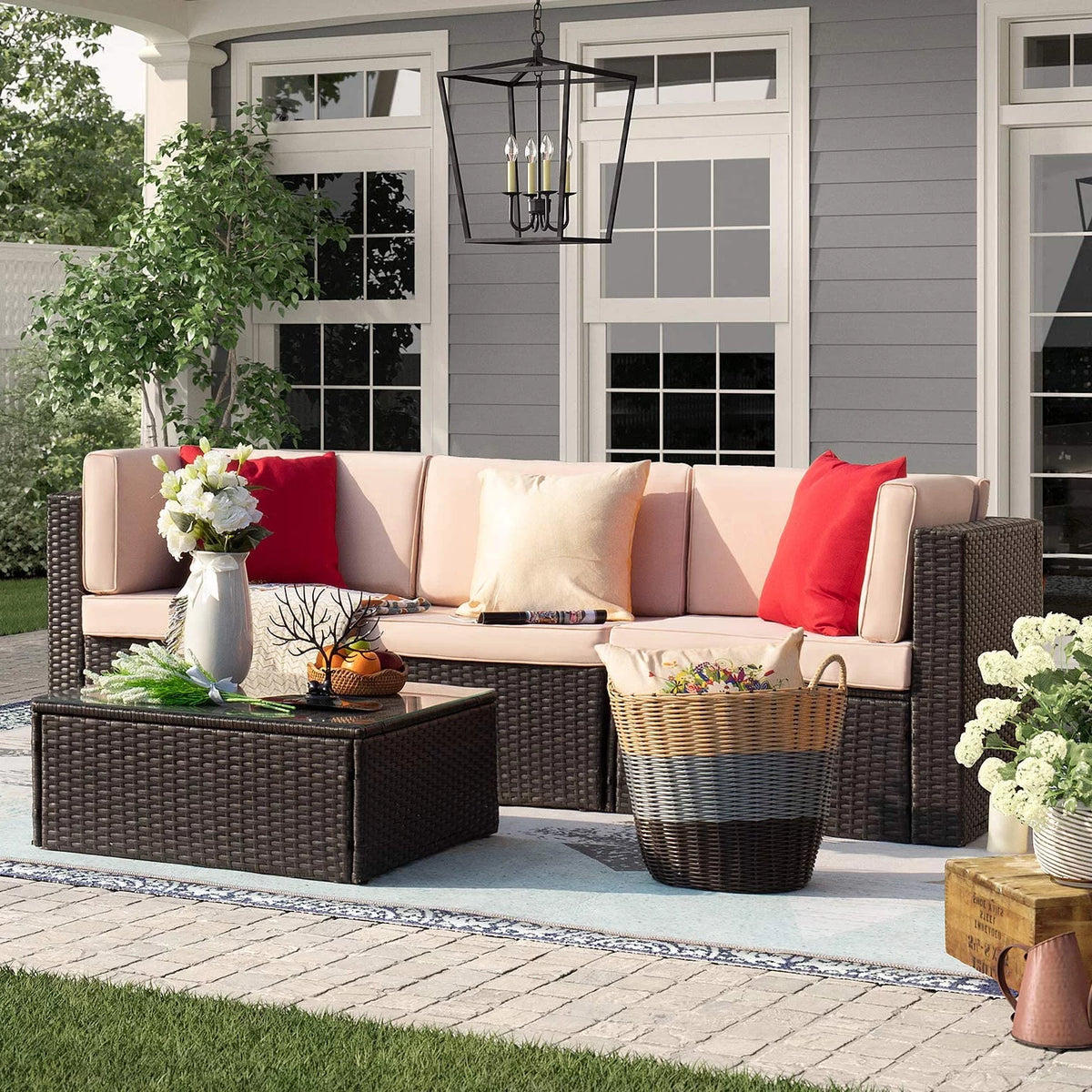 4 Pieces All Weather Patio Sectional Sofa with Cushion and Glass Table Q110