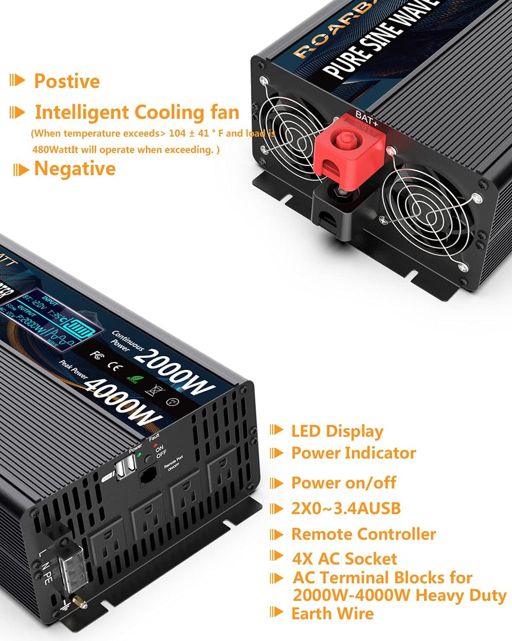 2000W Pure Sine Wave Power Inverter 12V to 110V/120V with Remote Q993244