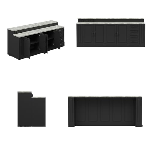 94.5" W Stationary Kitchen Island Storage Cabinet with Power Outlet, 3 Drawers, Black & Marble Grain S315