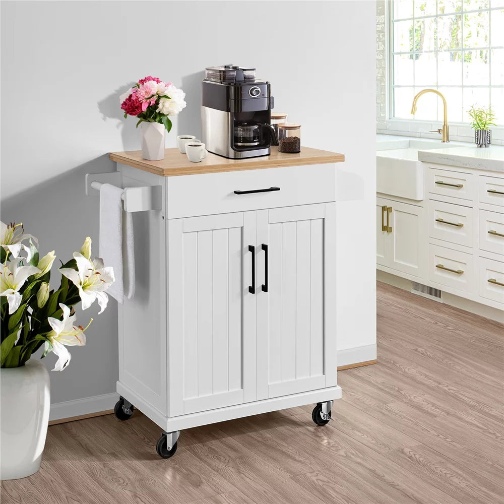 White Rolling Kitchen Cart with Storage and Spice Rack B9630