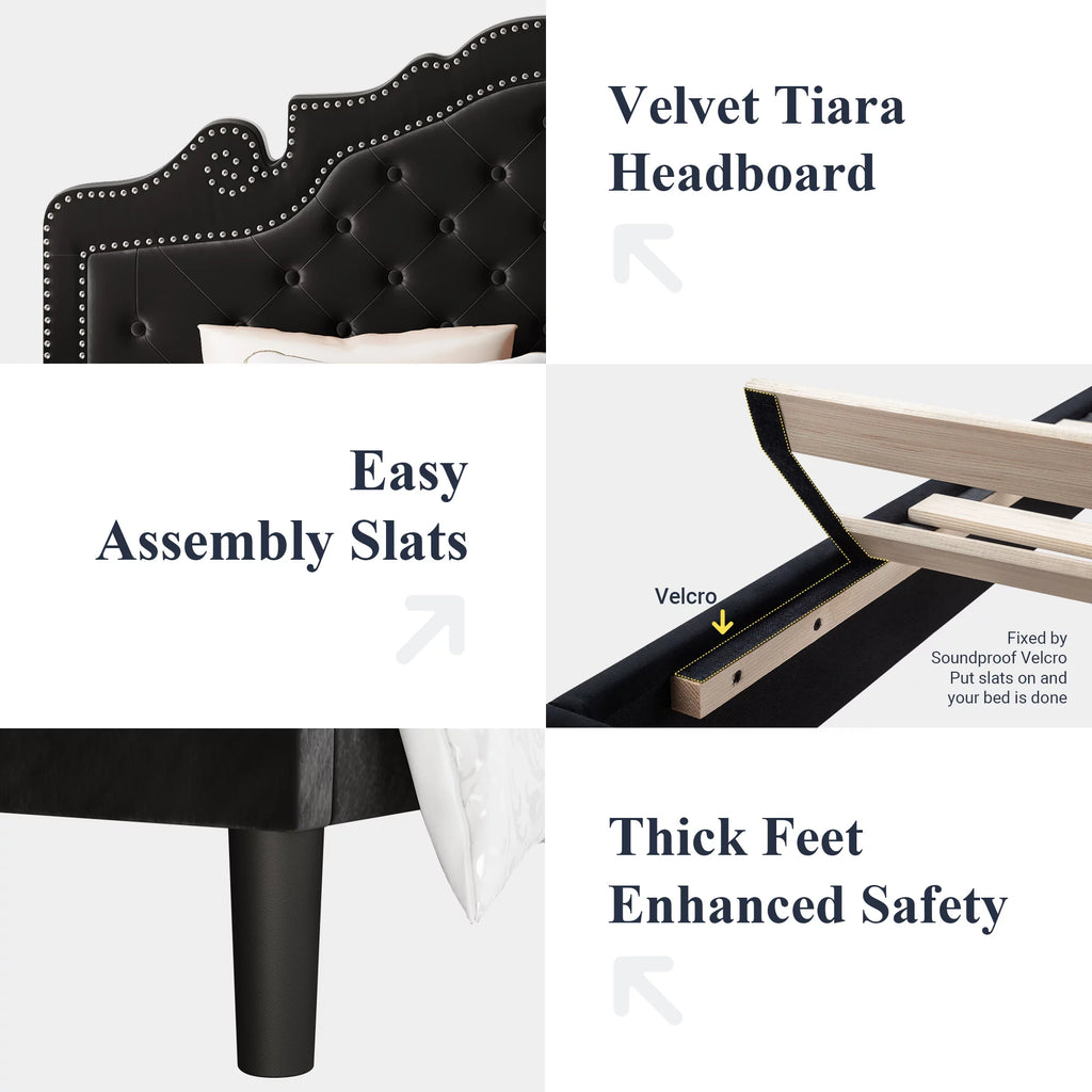 Queen Size Black Velvet Upholstered Platform Bed Frame S81536