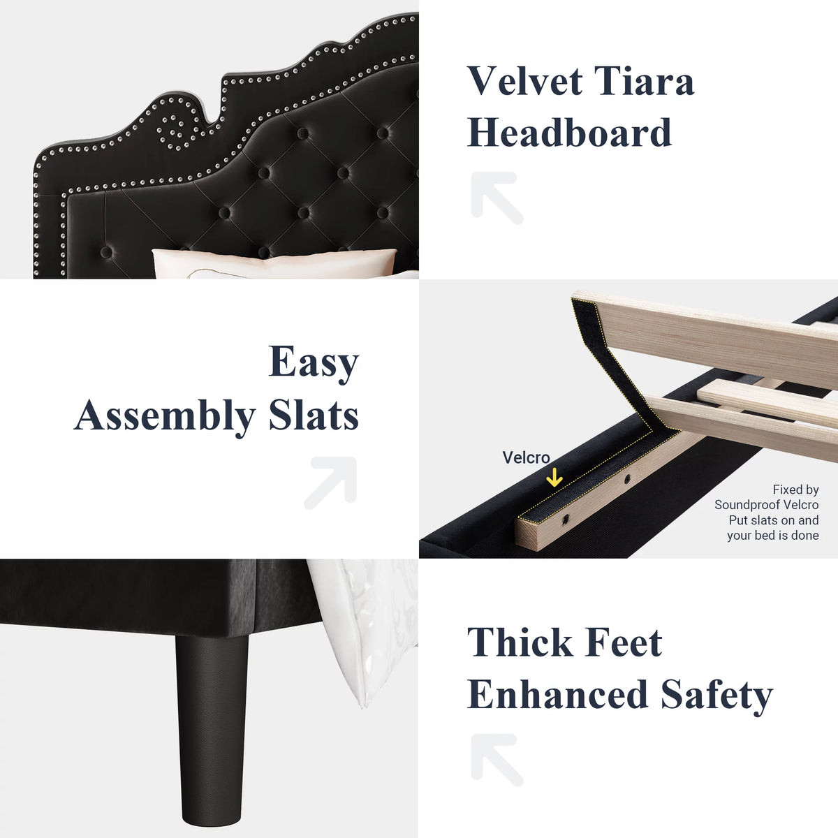 Queen Size Black Velvet Upholstered Platform Bed Frame S81536