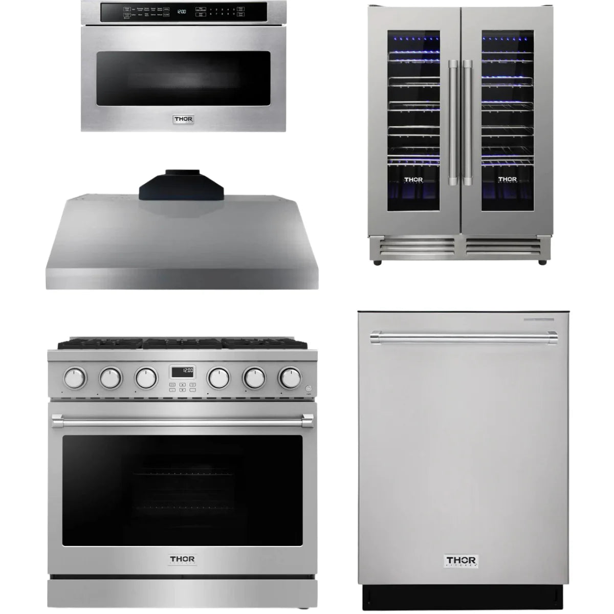 36 Gas Range, Range Hood, Dishwasher, Microwave and Wine Cooler F743472