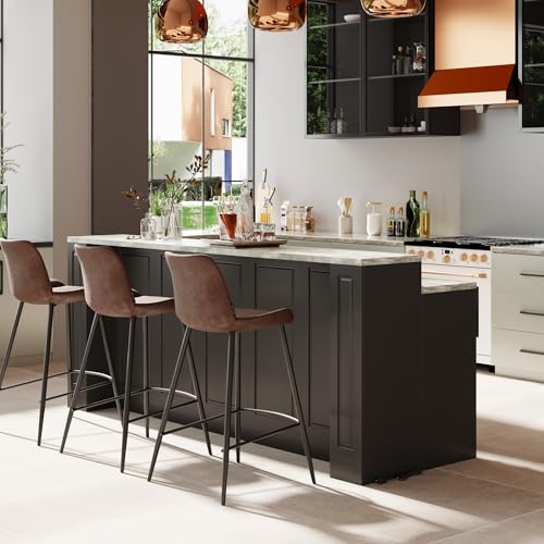 94.5" W Stationary Kitchen Island Storage Cabinet with Power Outlet, 3 Drawers, Black & Marble Grain S315