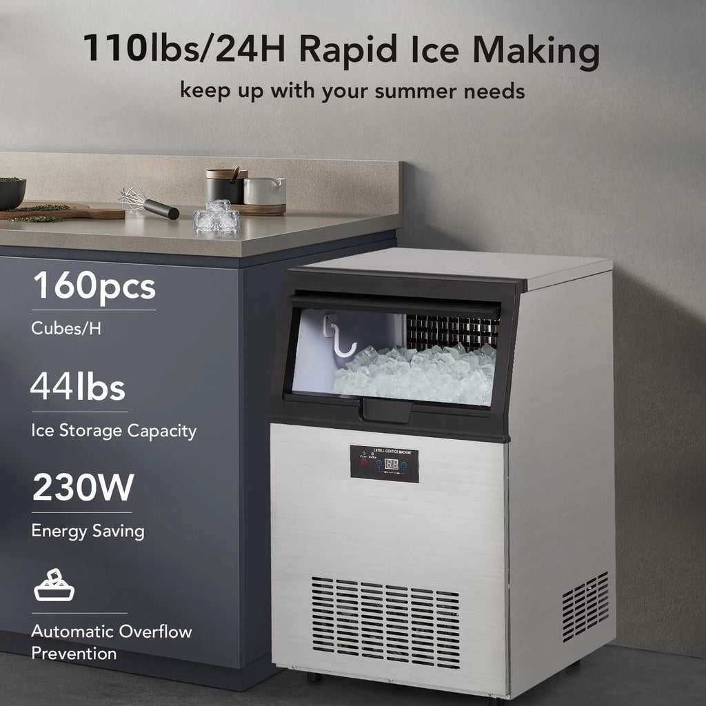 130lbs/24H Stainless Steel Under Counter Ice Machine with 44lbs Ice Storage O74360