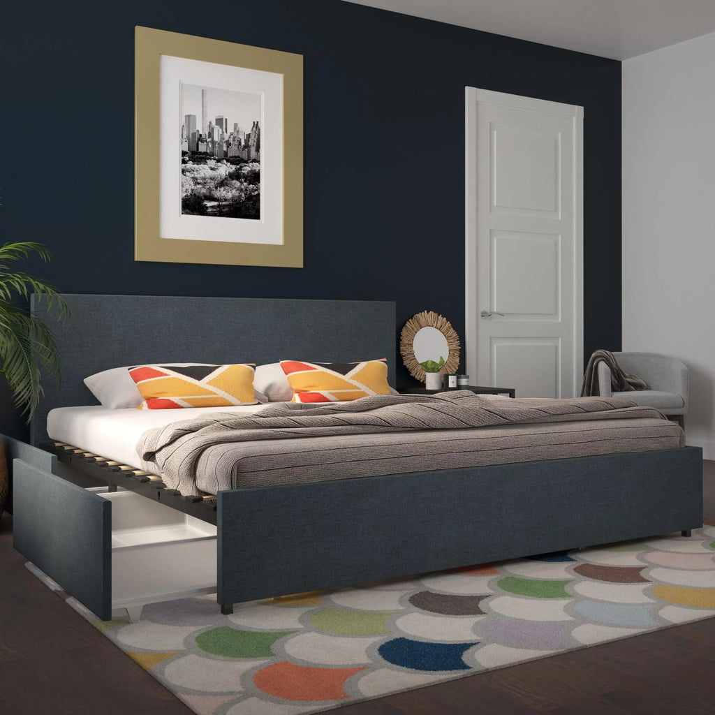 Dark Grey Linen Upholstered Storage Bed Frame A627