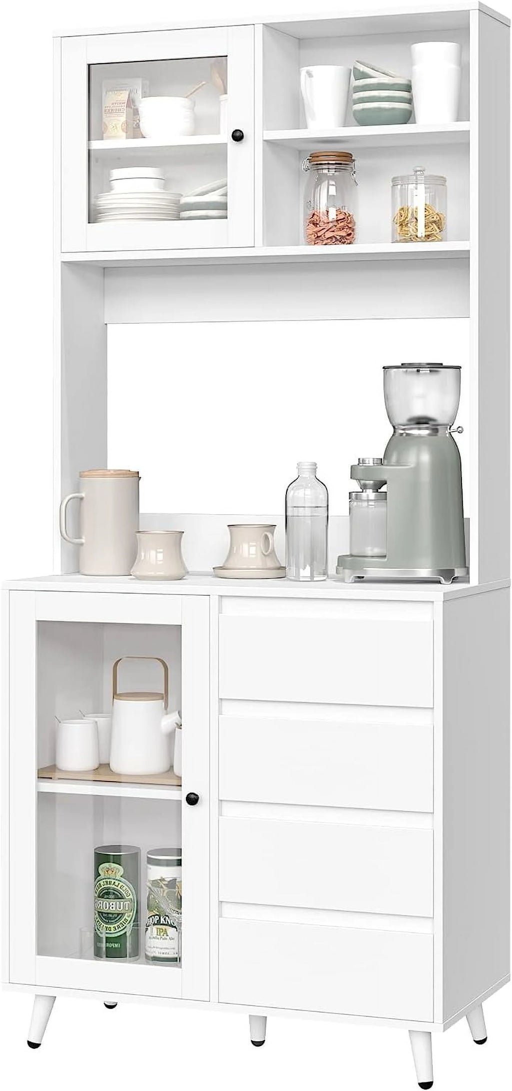 White Kitchen Pantry Cabinet with Countertop and Glass Doors Z842066