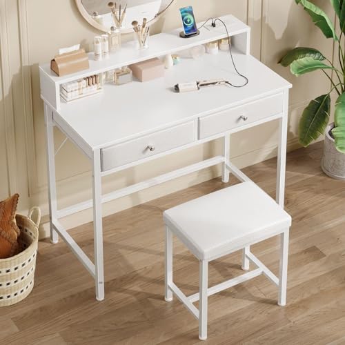 White Vanity Desk with Drawers and Charging Station O418644