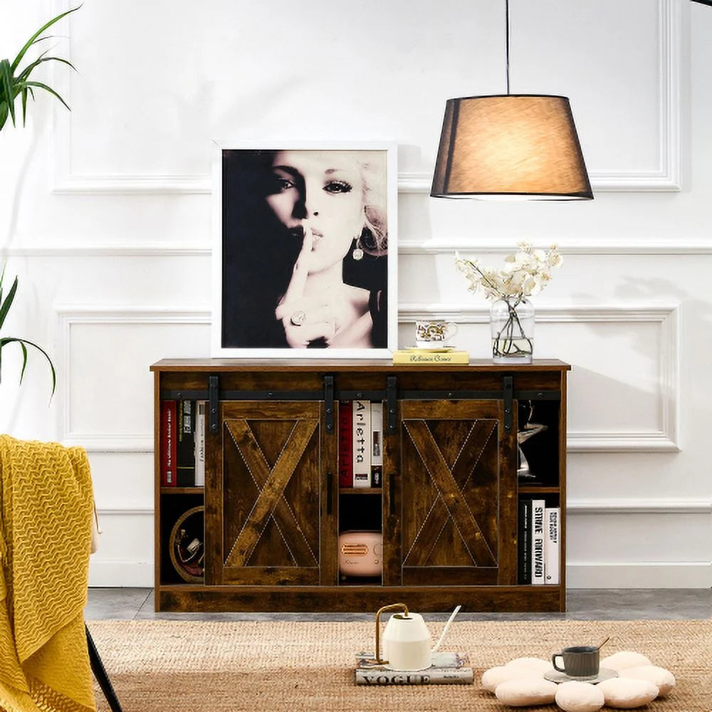 Wooden TV Stand with Storage Cabinet & 2 Sliding Barn Doors A30546