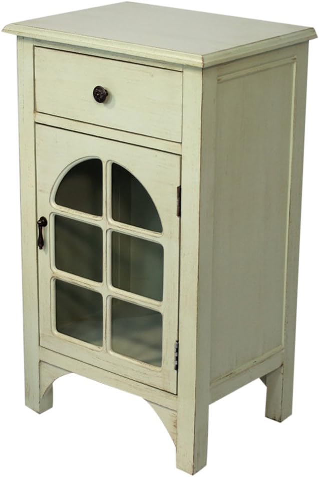 Light Gray Single Drawer Distressed Cabinet with Cathedral Glass Window Inserts J1213