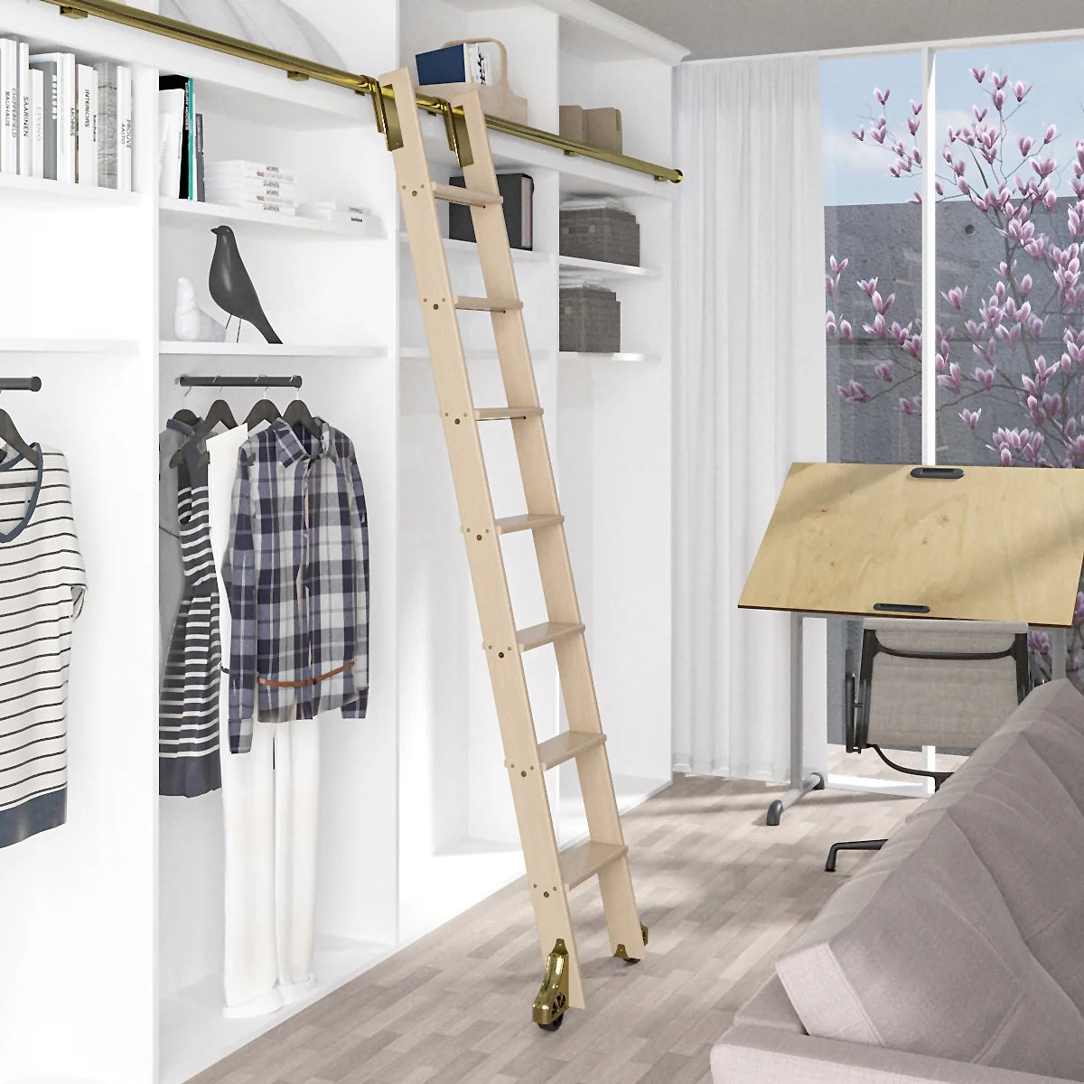 Un-Finished Maple Library Ladder with 8 ft. Rail Y376922