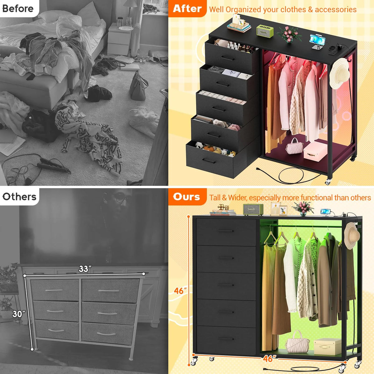 White 5 Drawer Dresser with Clothes Rack M173
