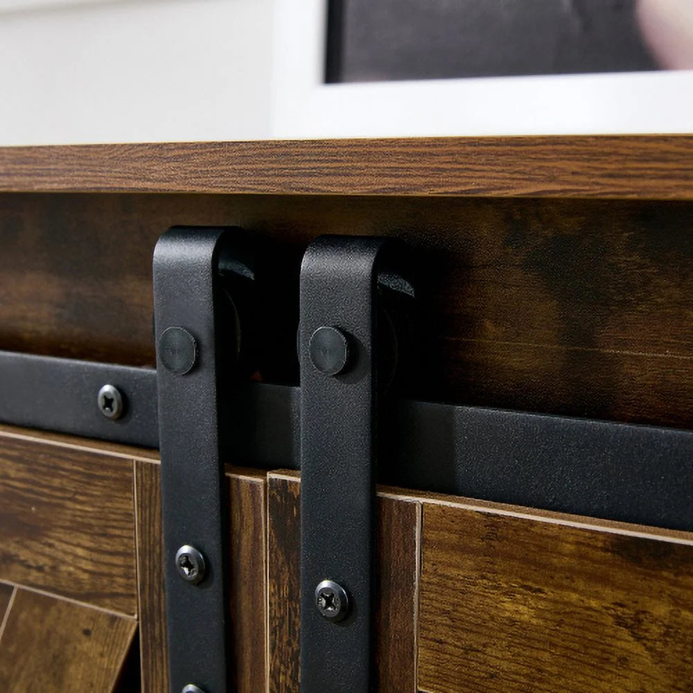 Wooden TV Stand with Storage Cabinet & 2 Sliding Barn Doors A30546
