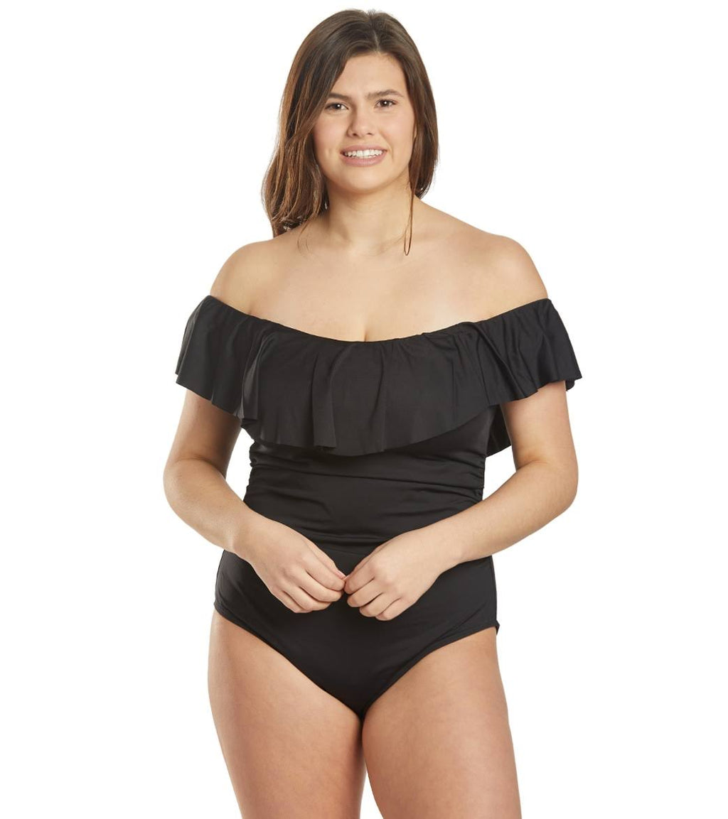 Plus Size Off-The-Shoulder One-Piece Swimsuit - Black S8787
