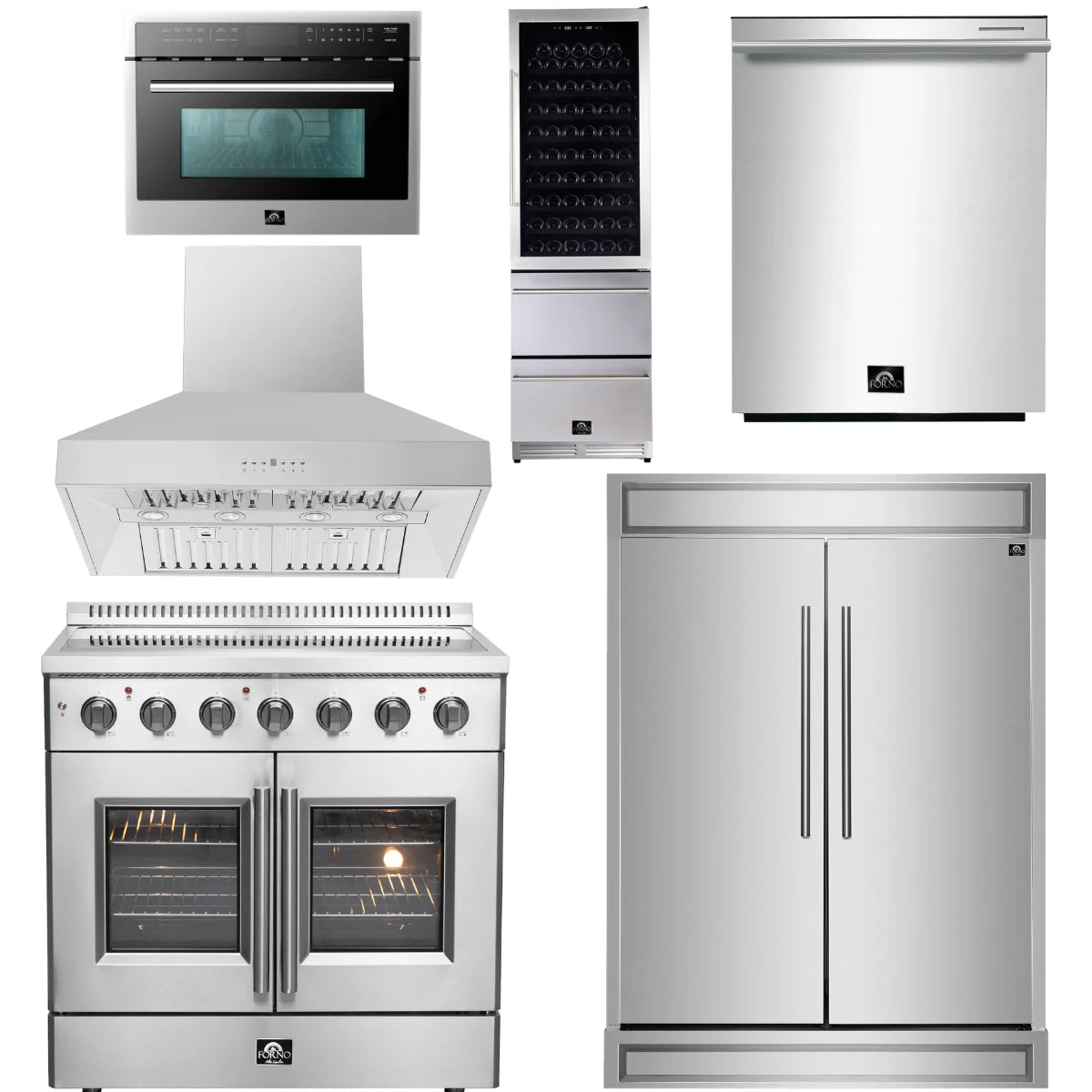 36 Electric French Door Range, Wall Mount Range Hood, Refrigerator, Dishwasher, Microwave and Wine Cooler K36351