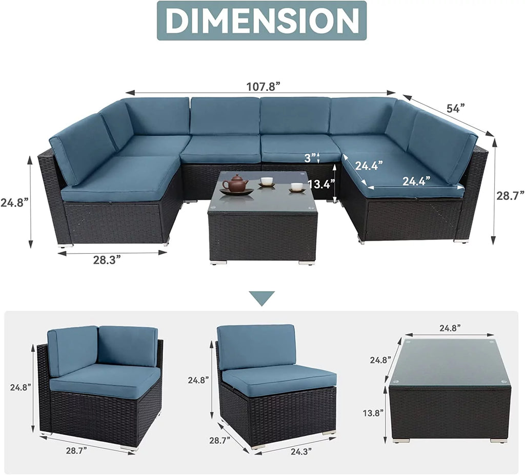 7-Pieces Wicker Outdoor Sectional Sofa Set with Haze Blue Cushions I76713