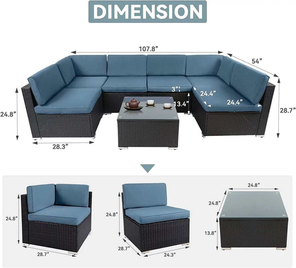 7-Pieces Wicker Outdoor Sectional Sofa Set with Haze Blue Cushions I76713
