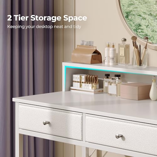White Vanity Desk with Drawers and Charging Station O418644