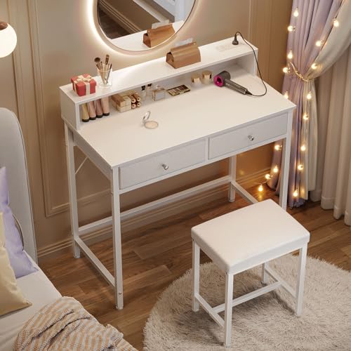 White Vanity Desk with Drawers and Charging Station O418644