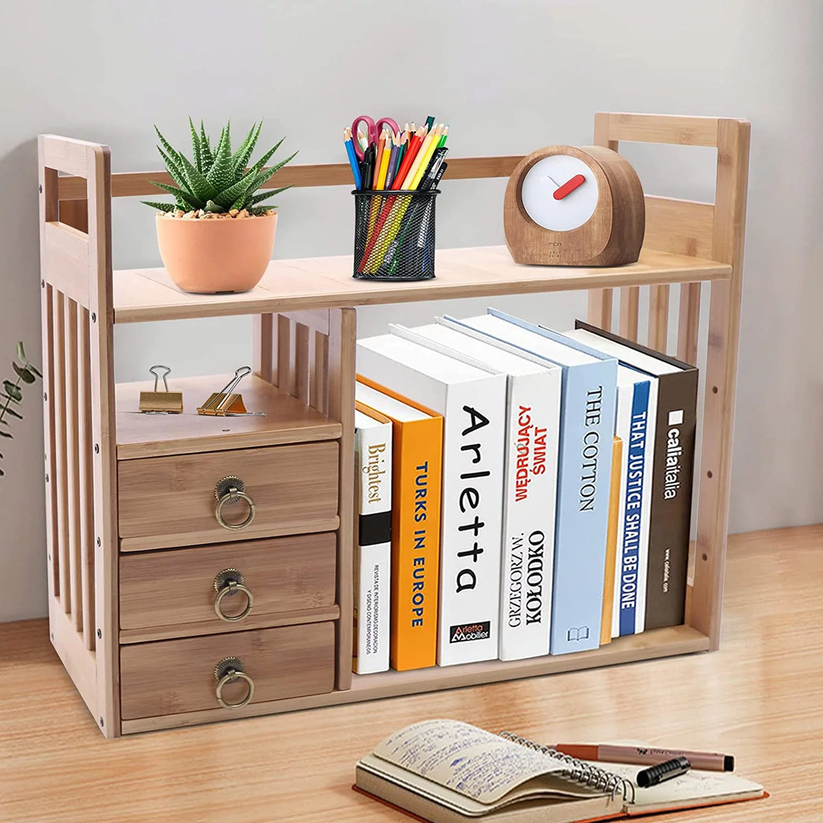 Bamboo Desktop Bookshelf with 3 Drawers R747