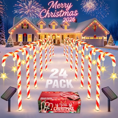 24 Pack Candy Cane Pathway Lights 10 Modes Waterproof Christmas Yard Stakes Y29996