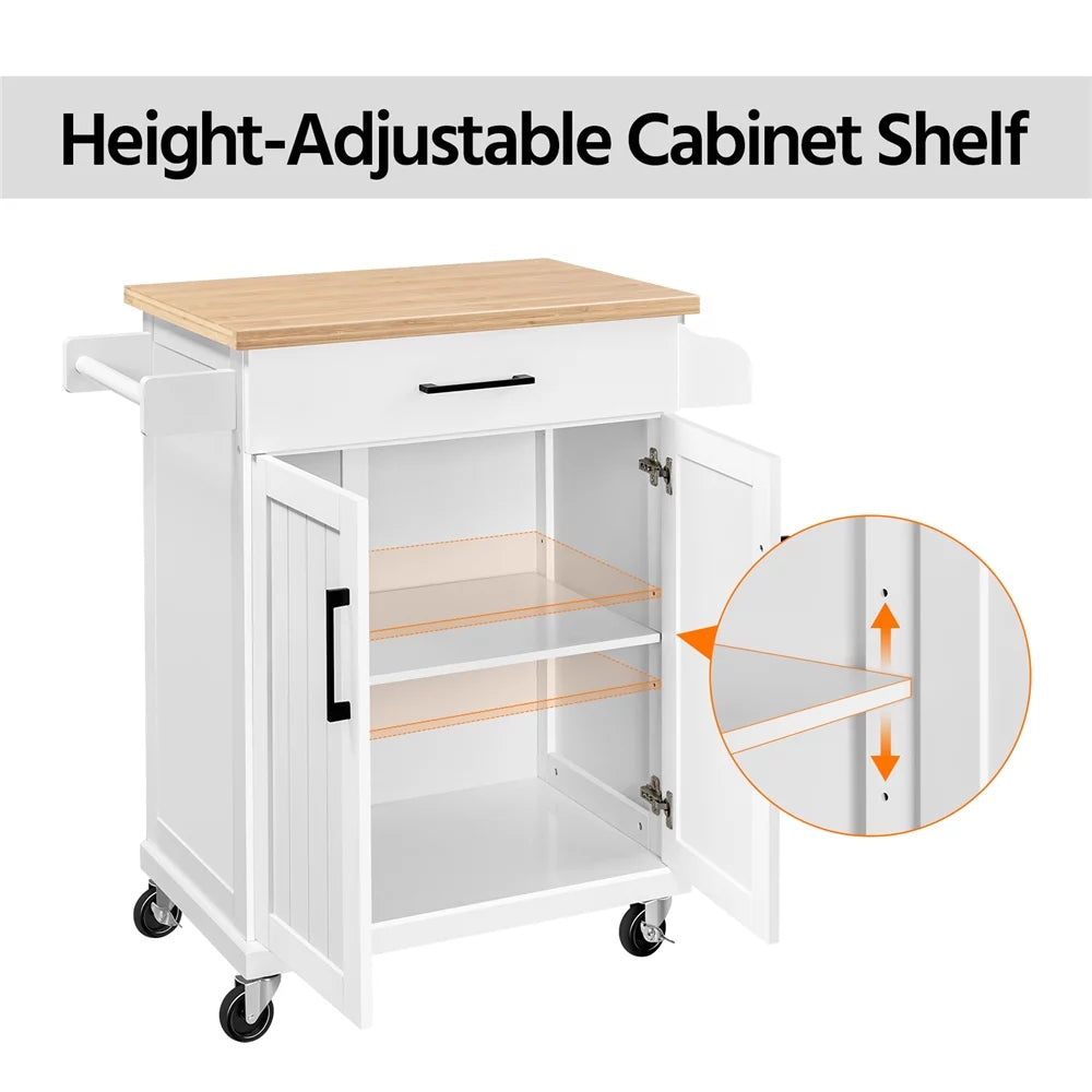 White Rolling Kitchen Cart with Storage and Spice Rack B9630
