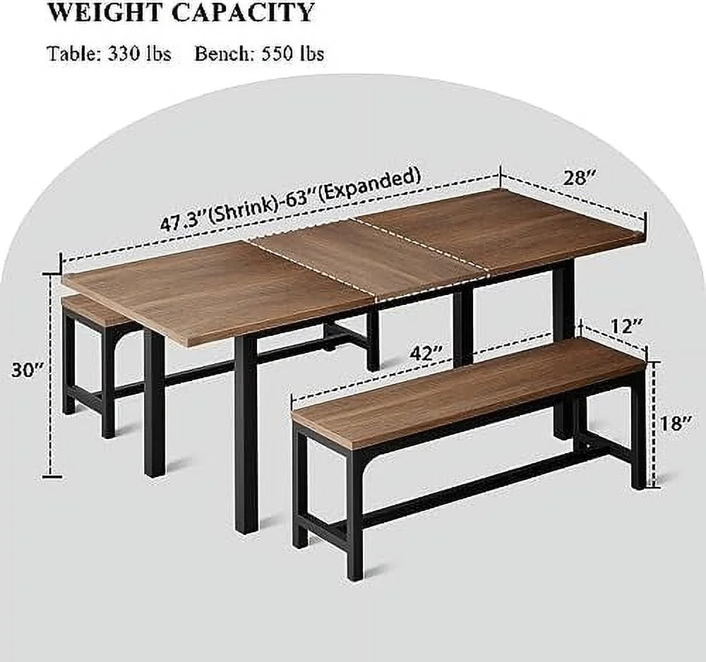 3-Piece Extendable Dining Table Set with 2 Benches I424