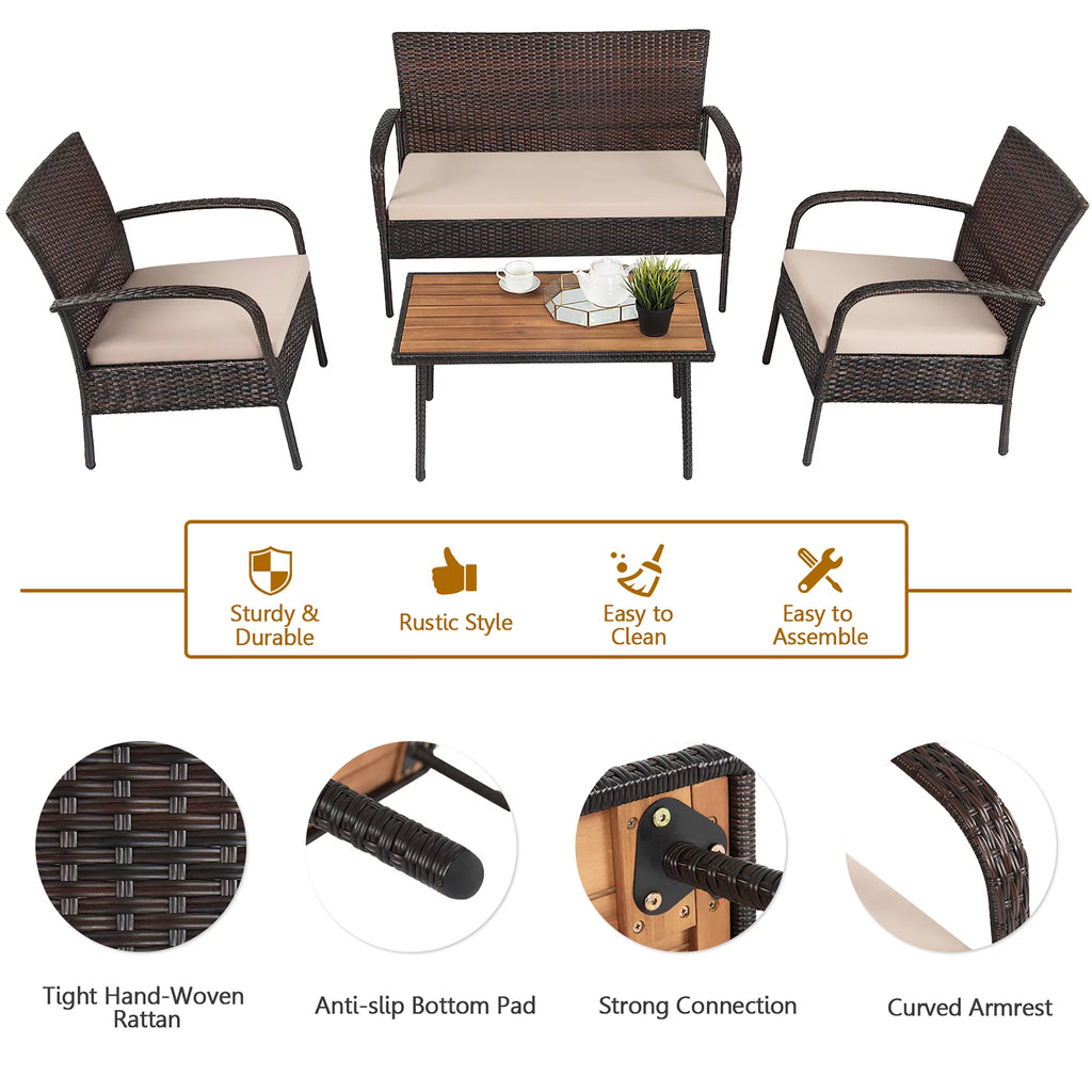 4 Pc Patio Rattan Furniture Set with Cushions L46613