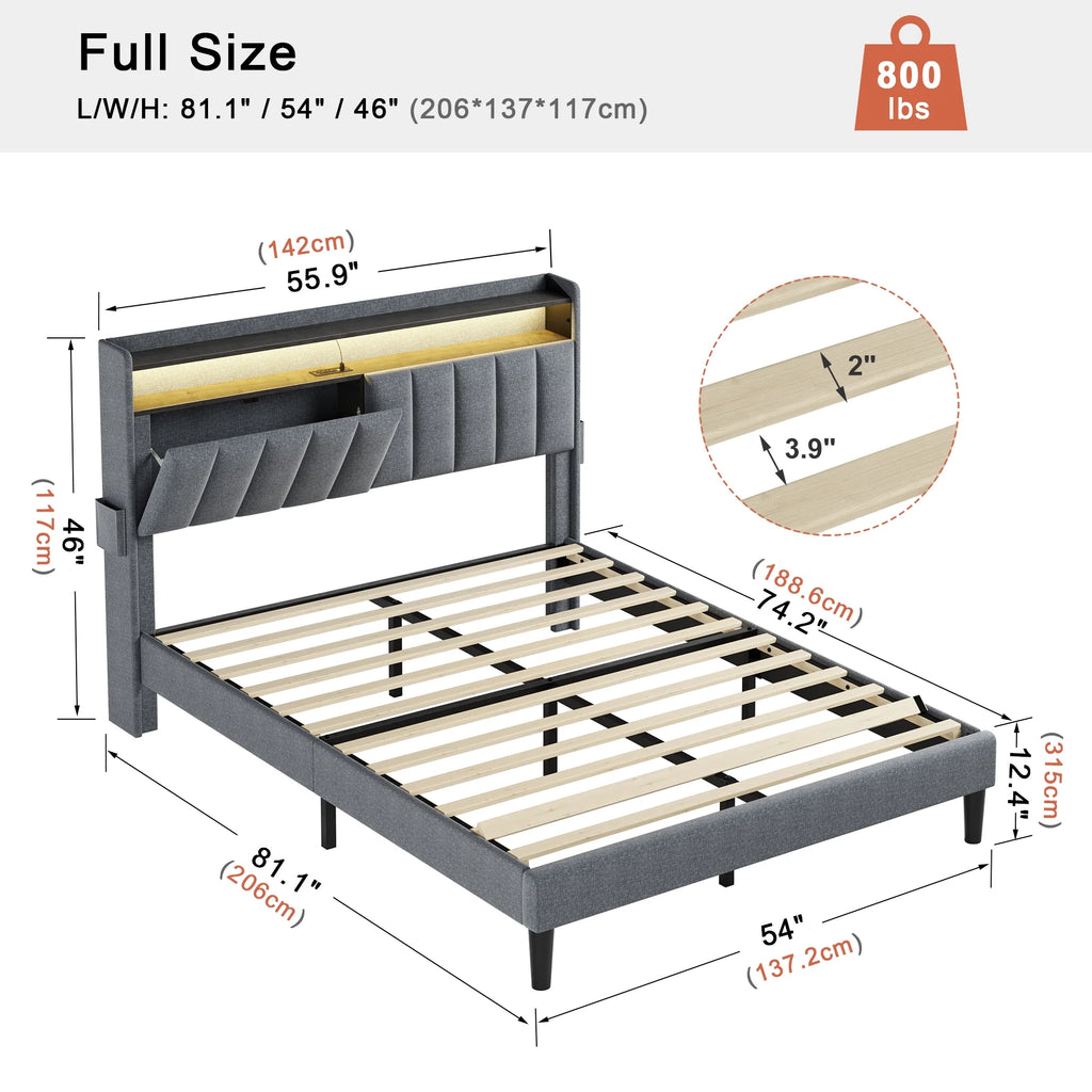 Queen Upholstered Platform Bed Frame with Storage Headboard B183