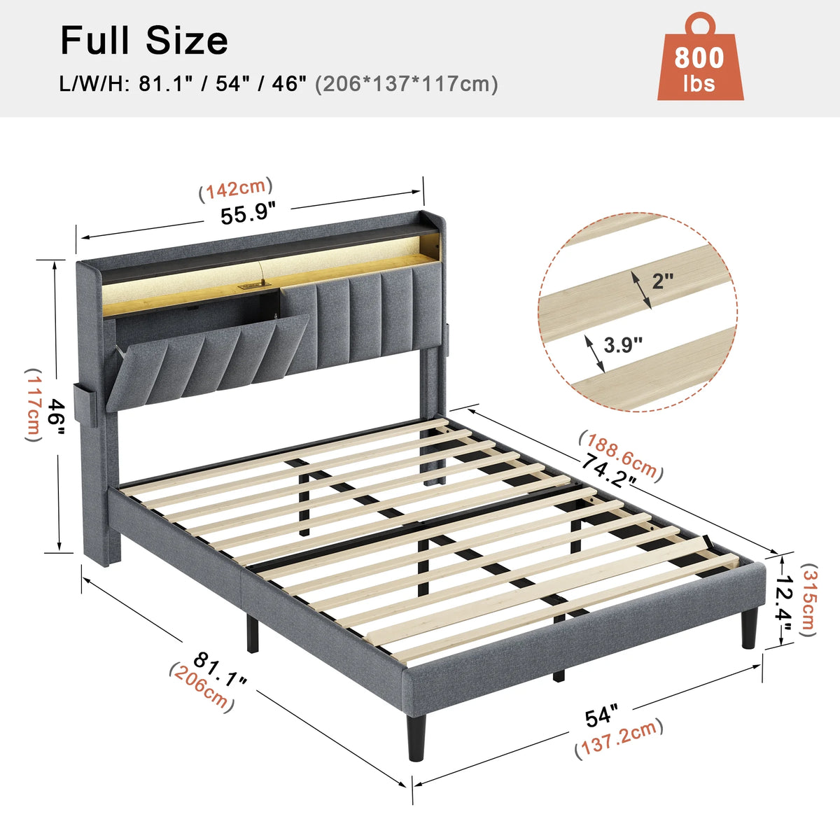 Queen Upholstered Platform Bed Frame with Storage Headboard B183