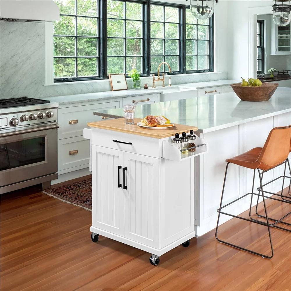 White Rolling Kitchen Cart with Storage and Spice Rack B9630